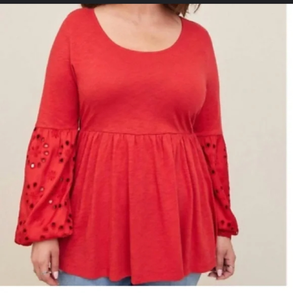 Torrid eyelet cutout long sleeve babydoll top in rust orange red size 1